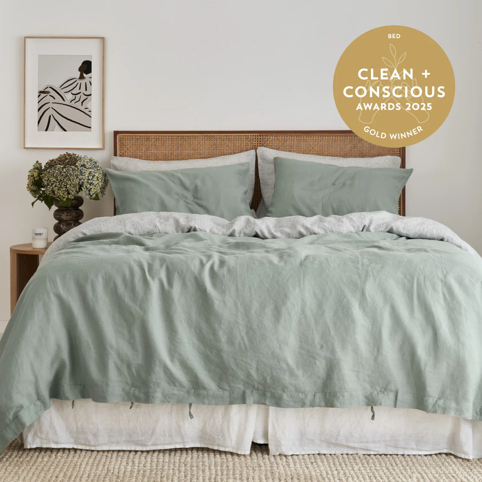French Flax Linen Double Sided Quilt Cover Set in Sage/Pinstripe - Image 3