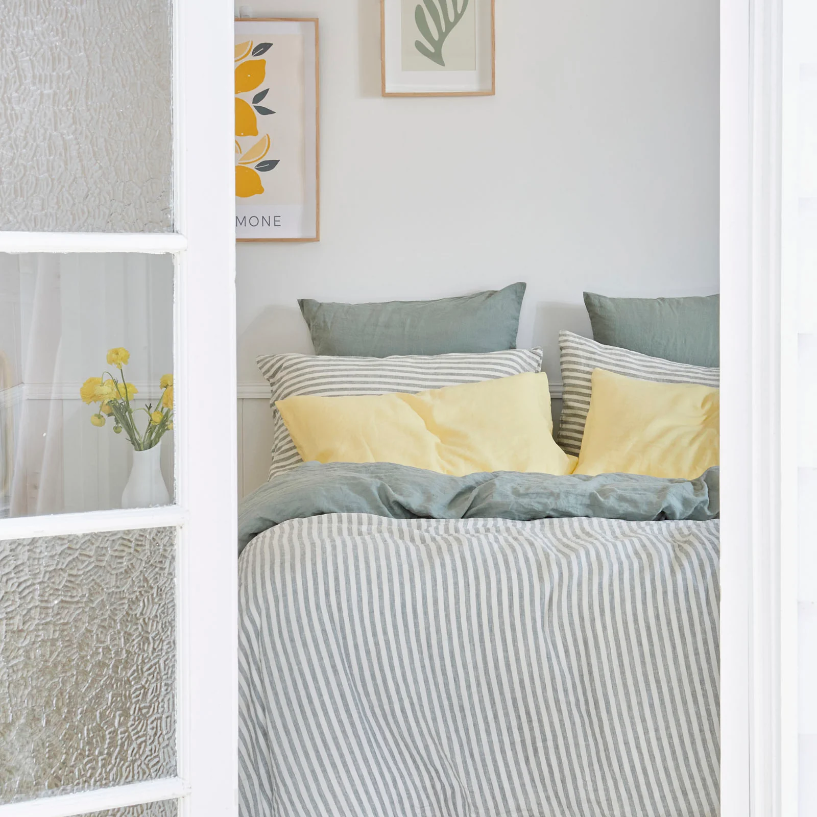 French Flax Linen Double Sided Quilt Cover Set in Sage/Sage Stripe - Image 11