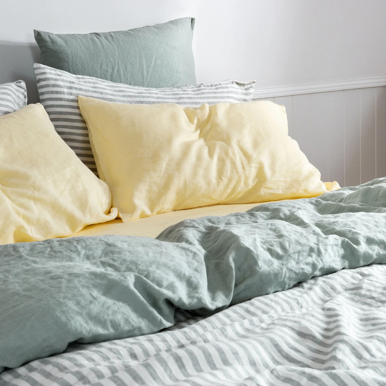 French Flax Linen Double Sided Quilt Cover Set in Sage/Sage Stripe - Image 12