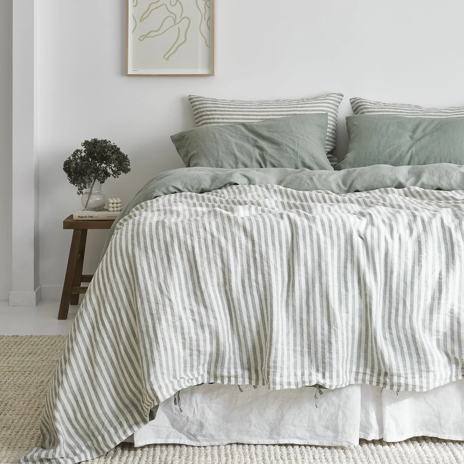 French Flax Linen Double Sided Quilt Cover Set in Sage/Sage Stripe - Image 3