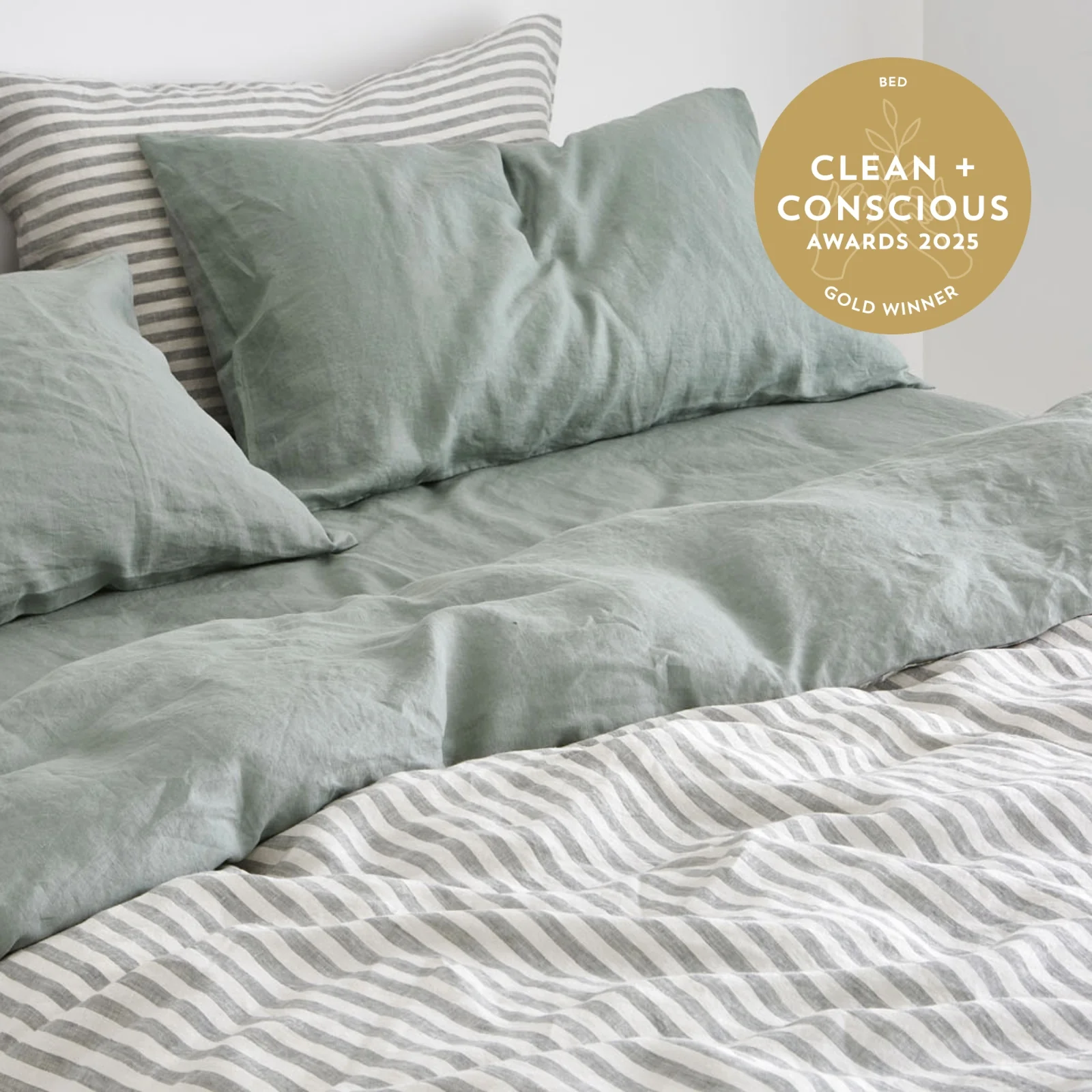 French Flax Linen Double Sided Quilt Cover Set in Sage/Sage Stripe - Image 6