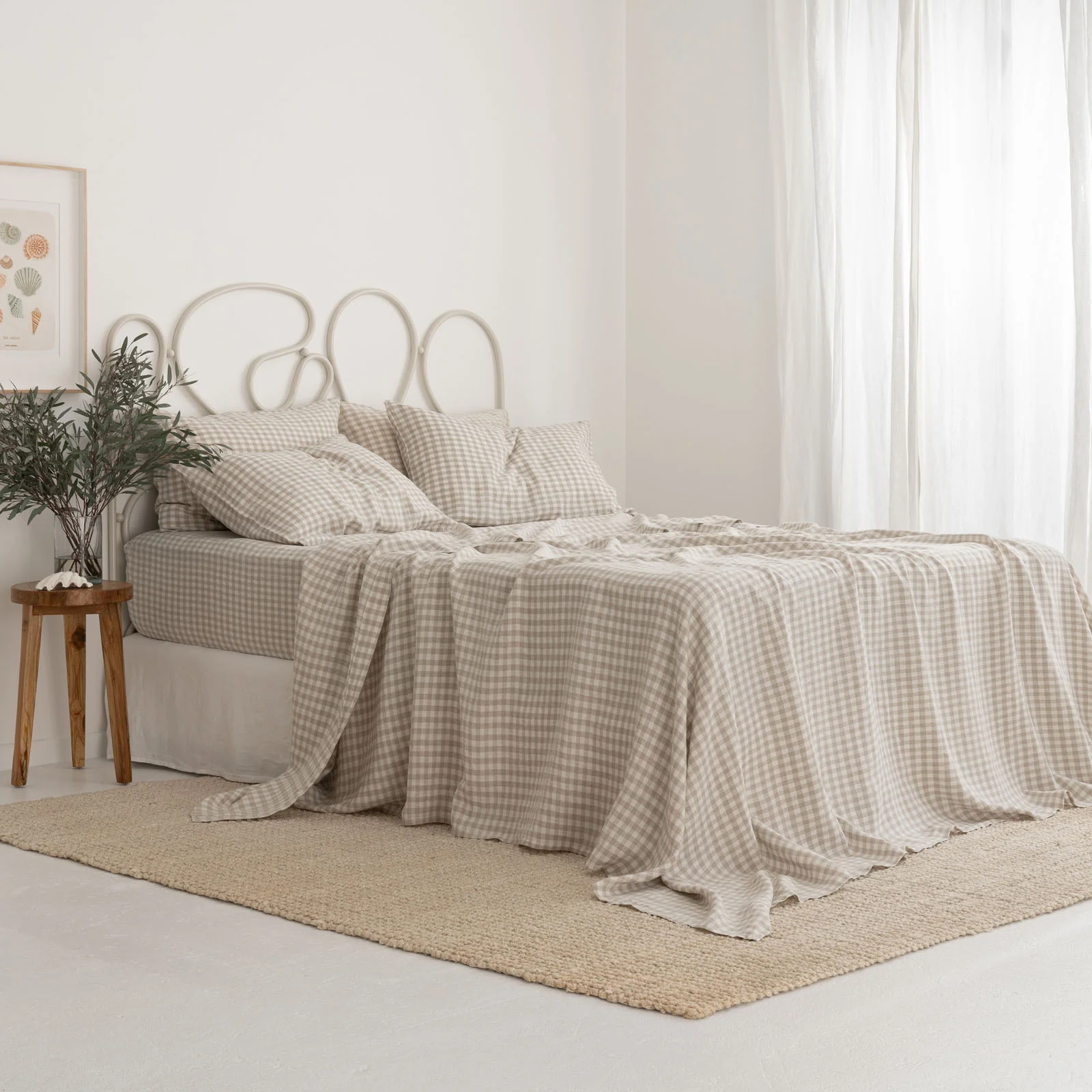 French Flax Linen Flat Sheet in Beige Gingham - Image 3