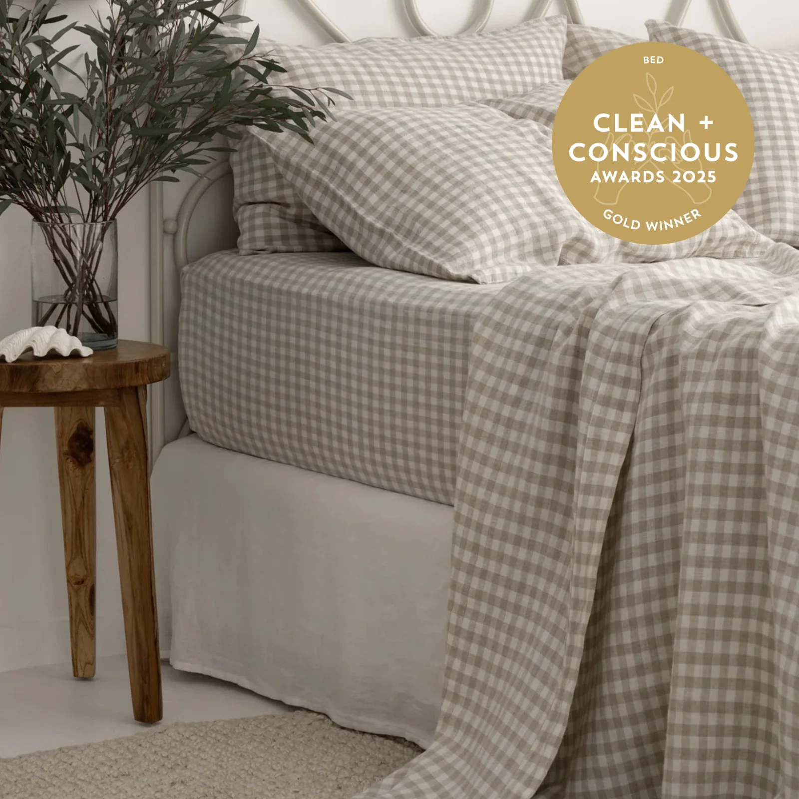 French Flax Linen Flat Sheet in Beige Gingham - Image 5
