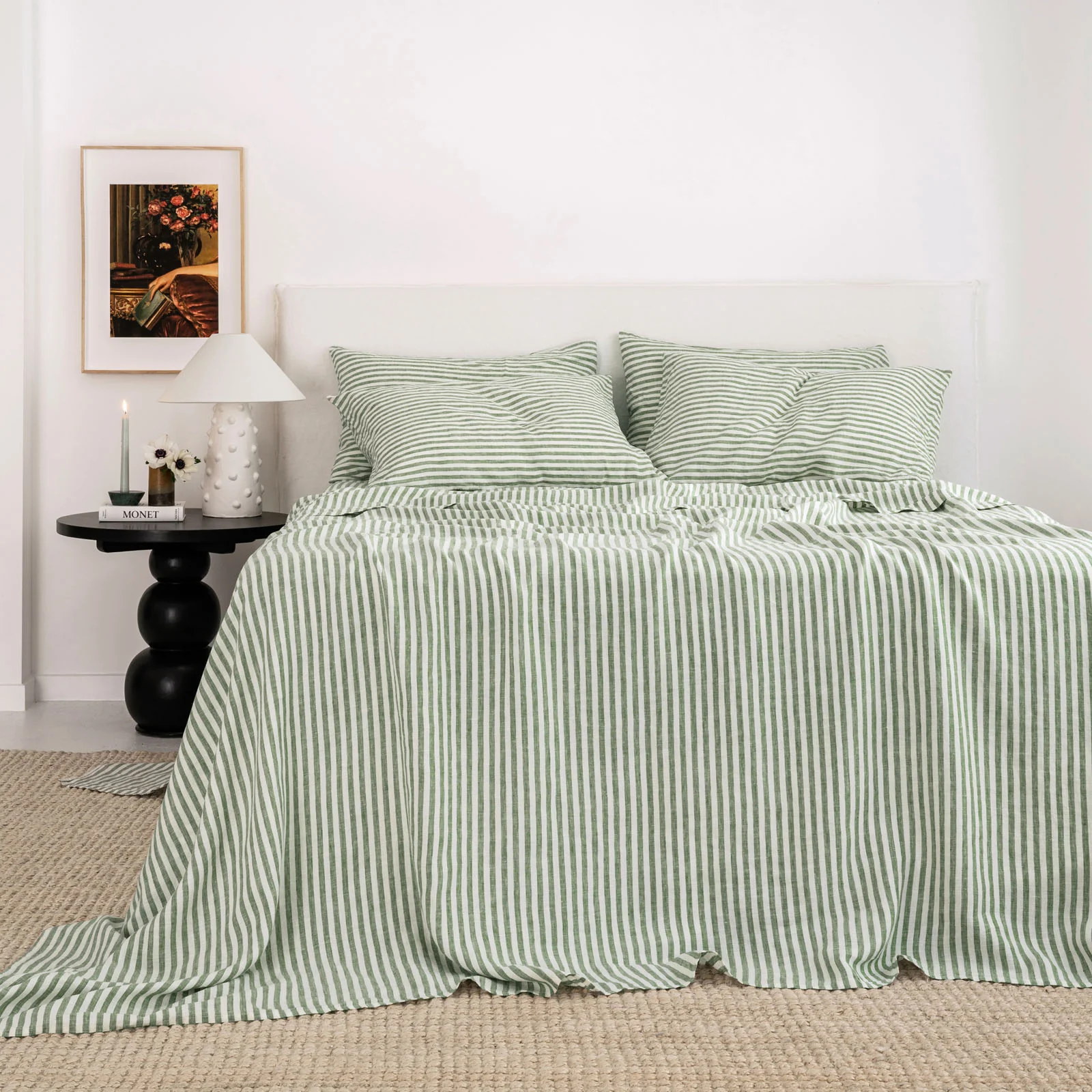 French Flax Linen Flat Sheet in Ivy Stripe - Image 2
