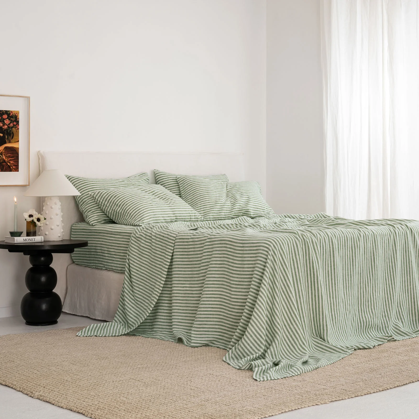 French Flax Linen Flat Sheet in Ivy Stripe - Image 4