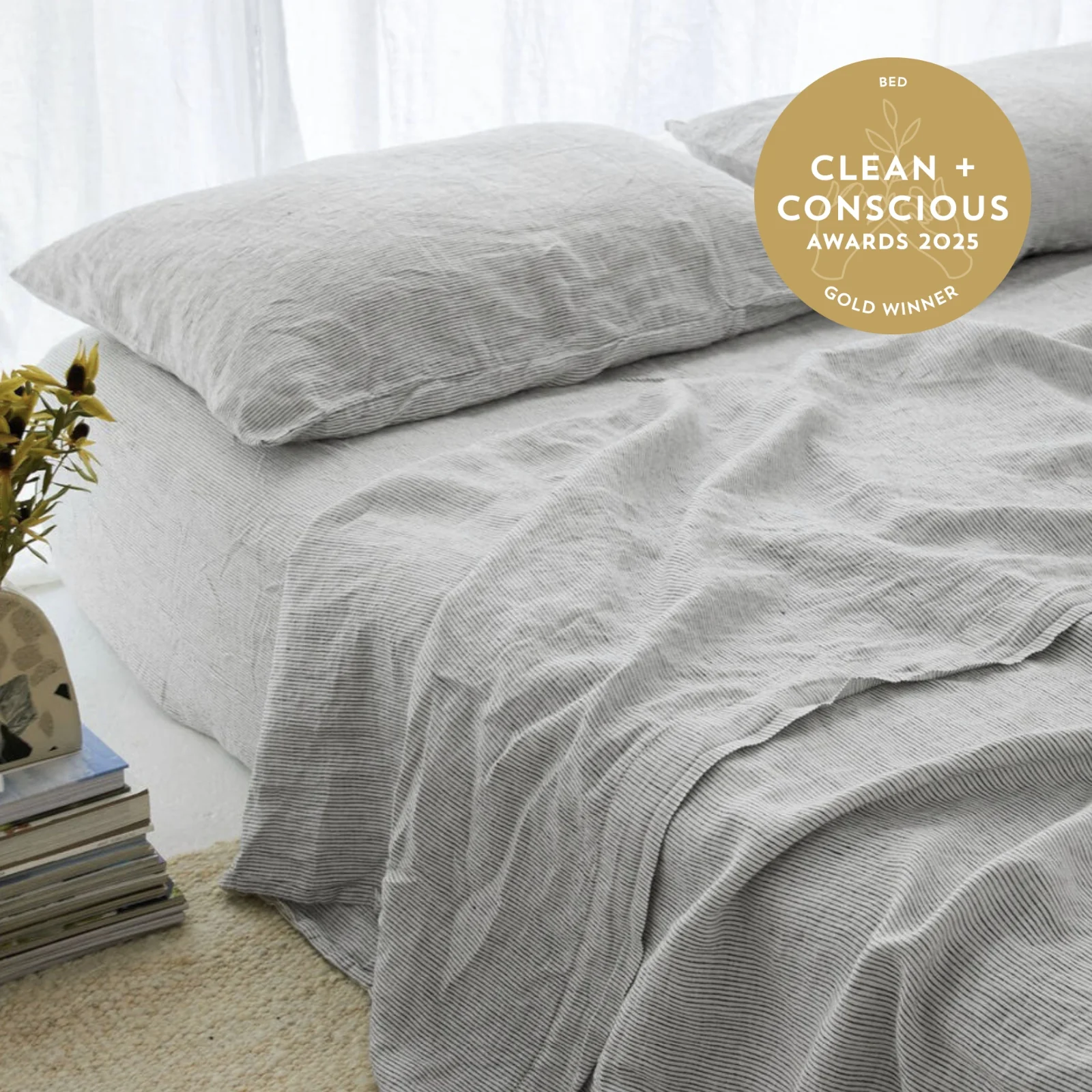 French Flax Linen Flat Sheet in Pinstripe - Image 3