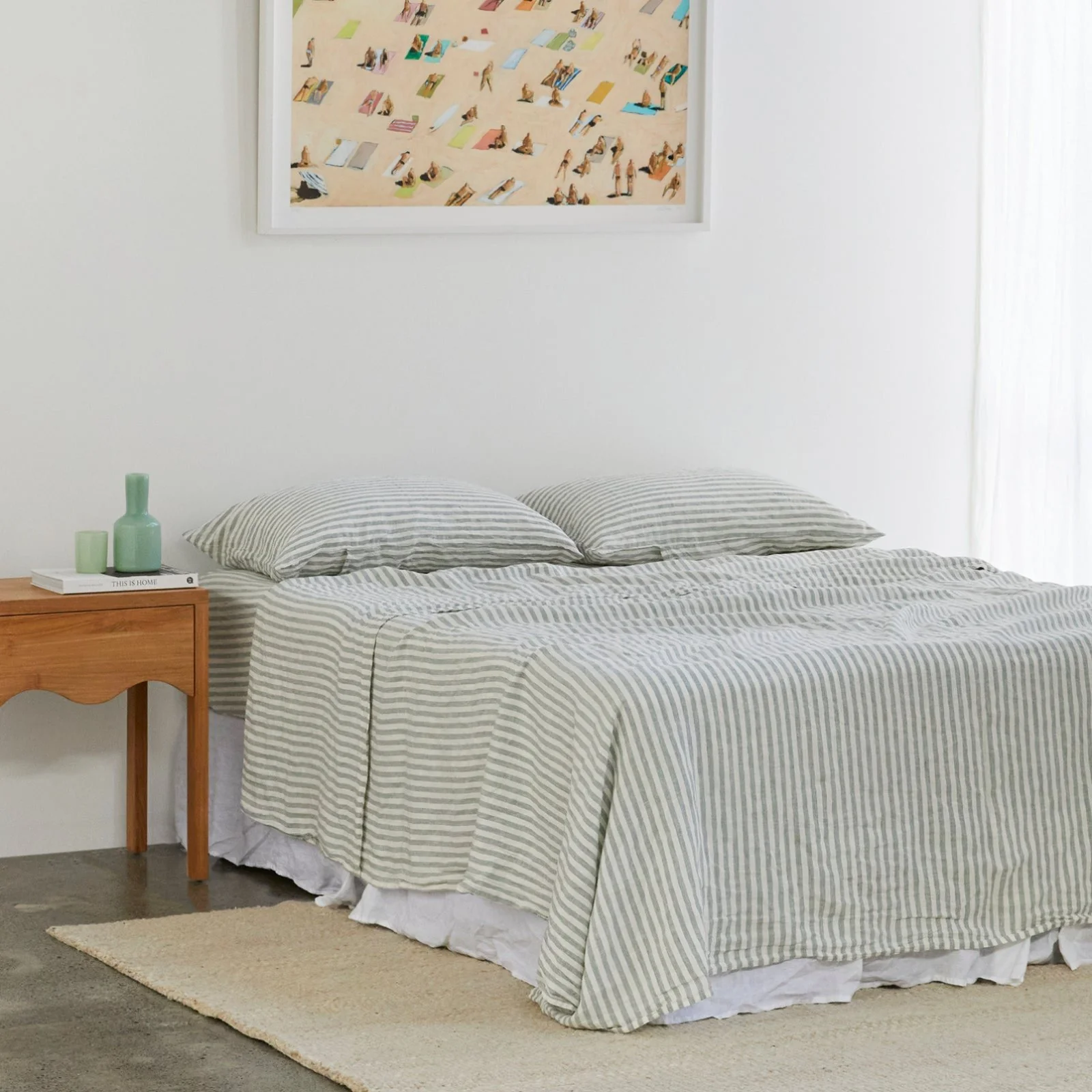 French Flax Linen Flat Sheet in Sage Stripe - Image 9
