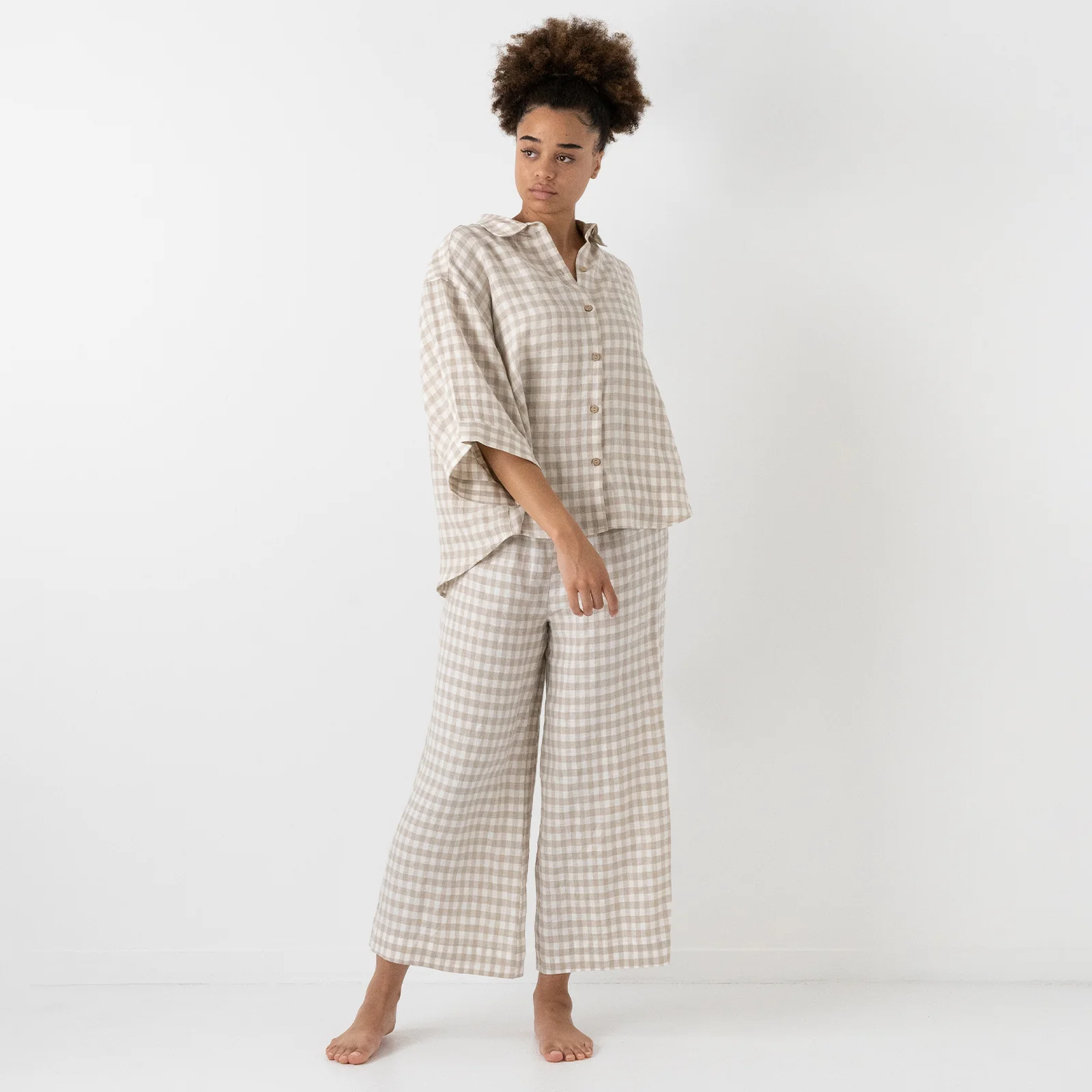 French Flax Linen Lounge Pant in Beige Gingham - Image 3