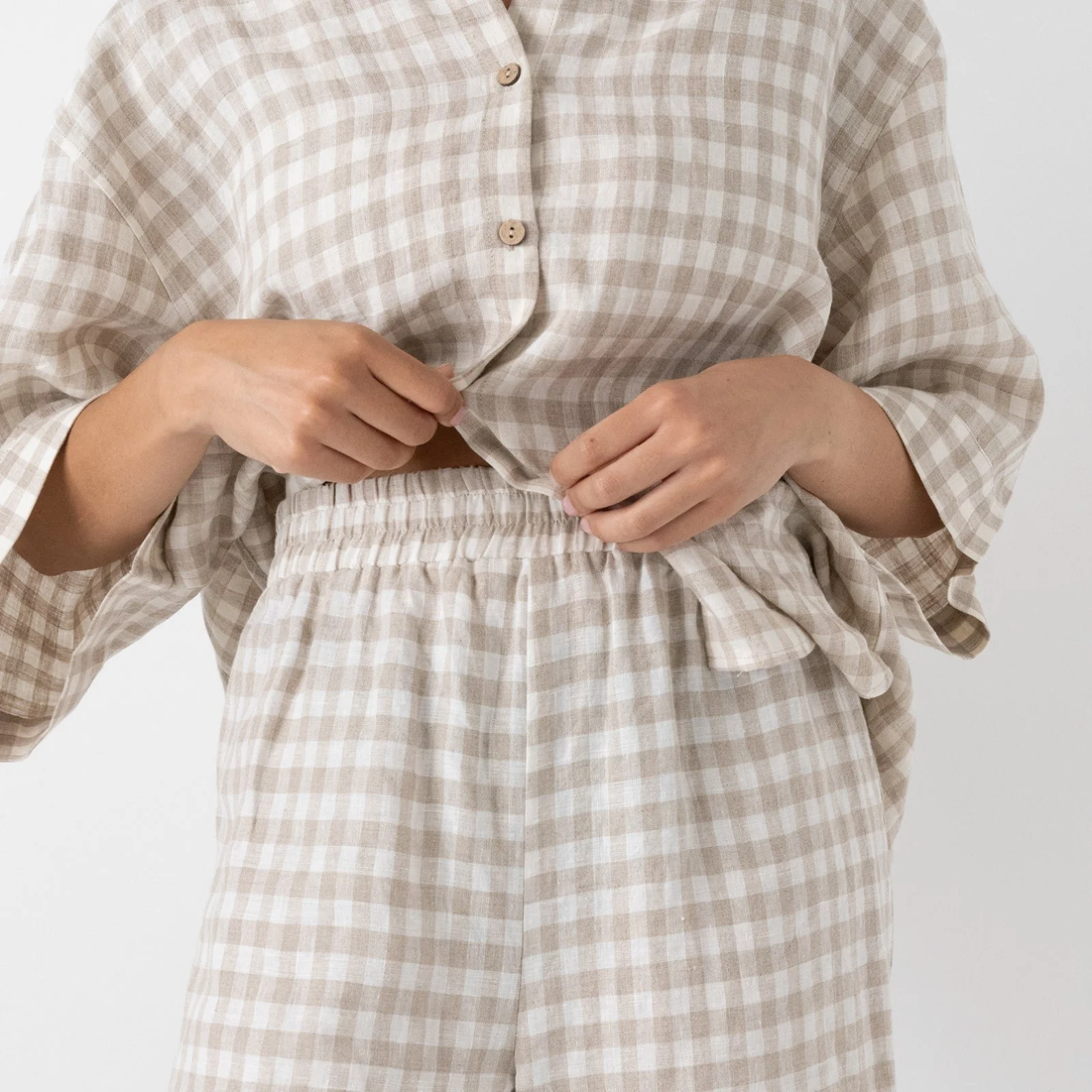 French Flax Linen Lounge Pant in Beige Gingham - Image 4