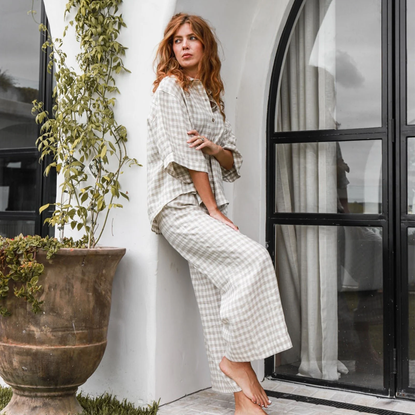 French Flax Linen Lounge Pant in Beige Gingham - Image 6
