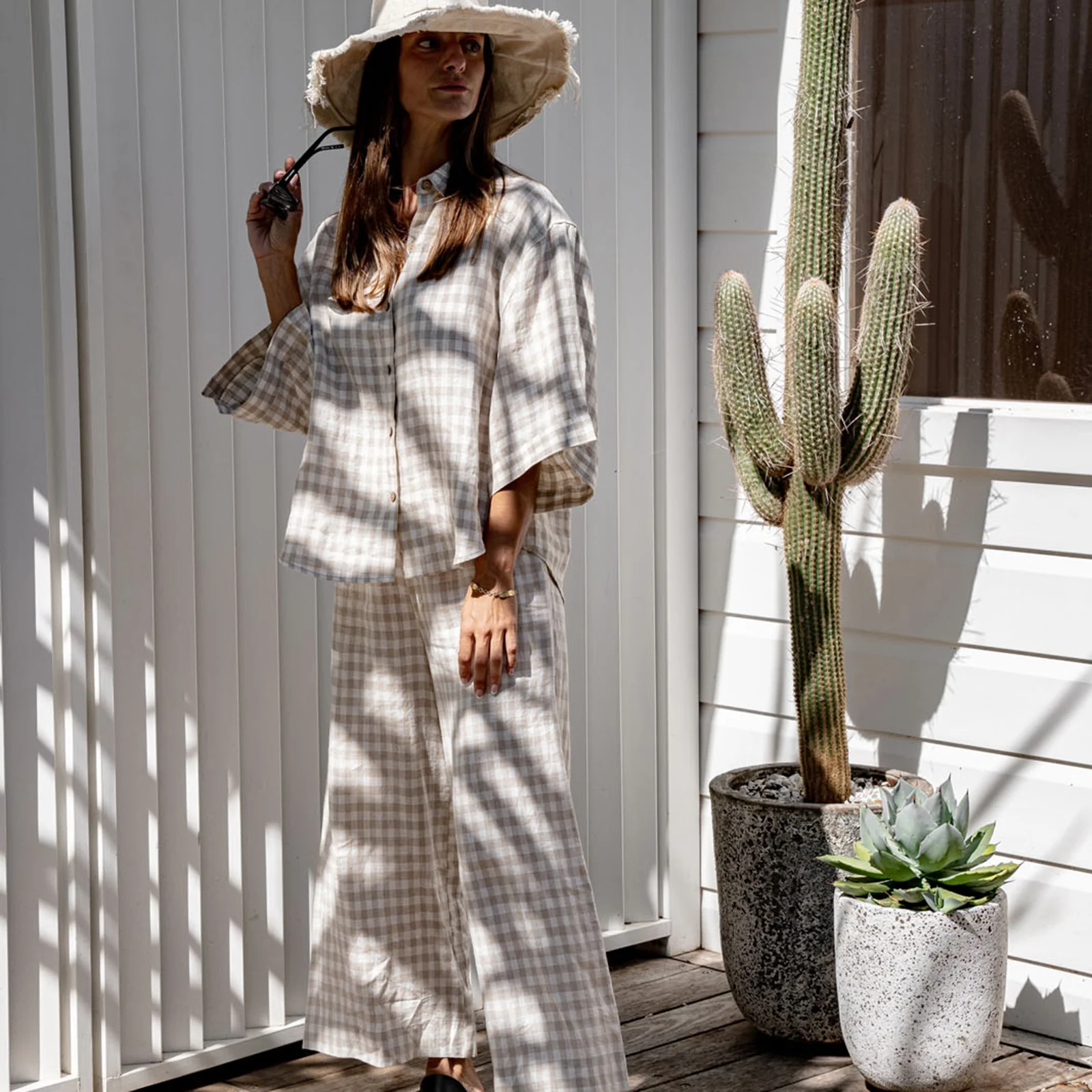 French Flax Linen Lounge Pant in Beige Gingham - Image 7