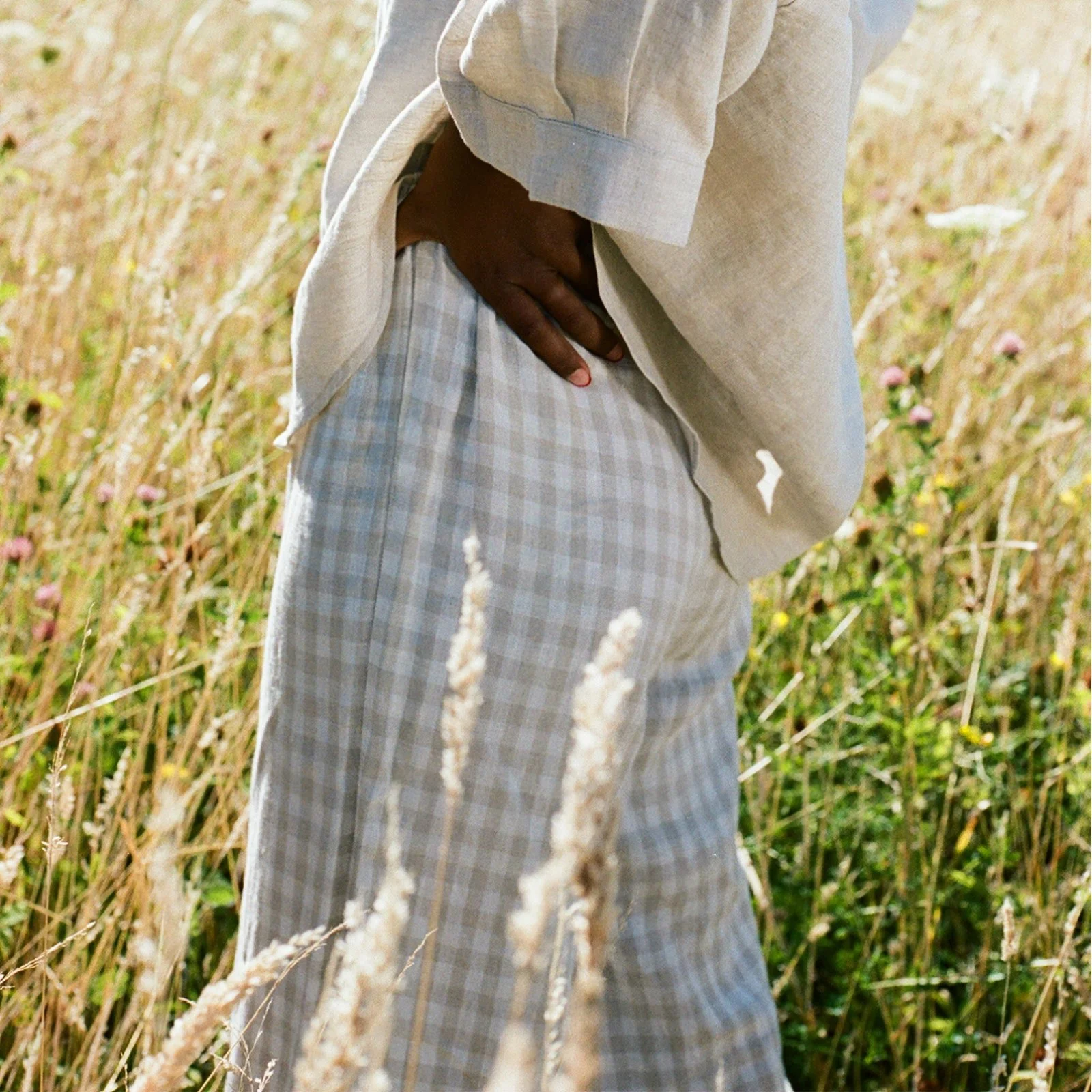 French Flax Linen Lounge Pant in Beige Gingham - Image 8