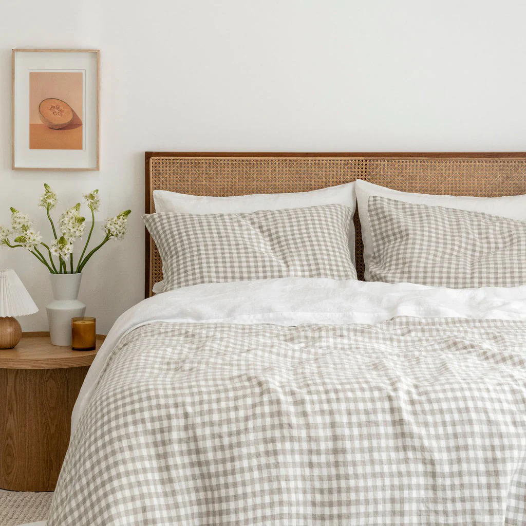 French Flax Linen Pillowcase Set in Beige Gingham - Image 9