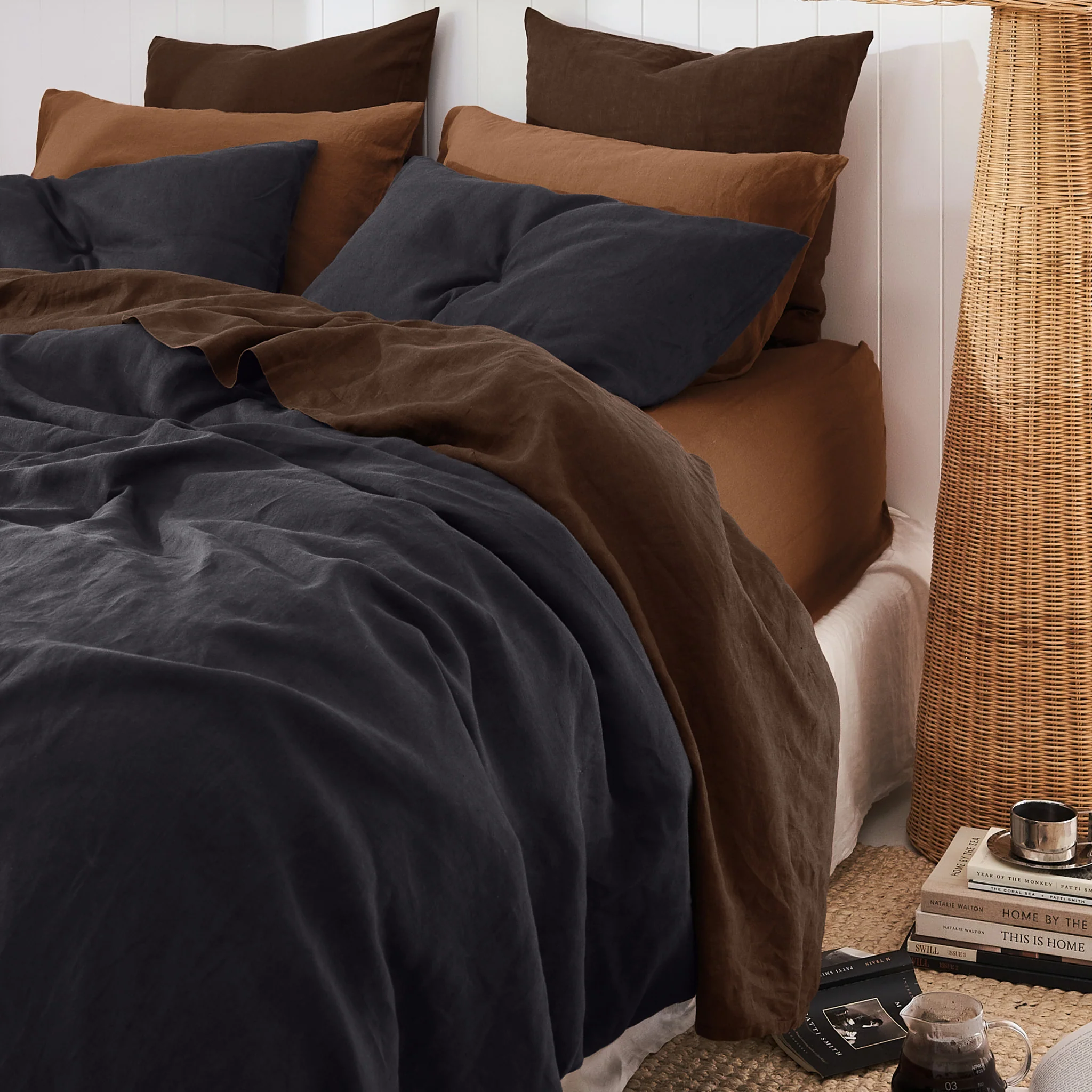 French Flax Linen Double Sided Quilt Cover SET in Charcoal/Charcoal Stripe - Image 16