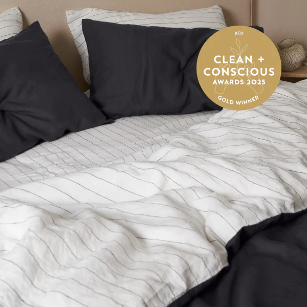 French Flax Linen Double Sided Quilt Cover SET in Charcoal/Charcoal Stripe - Image 3