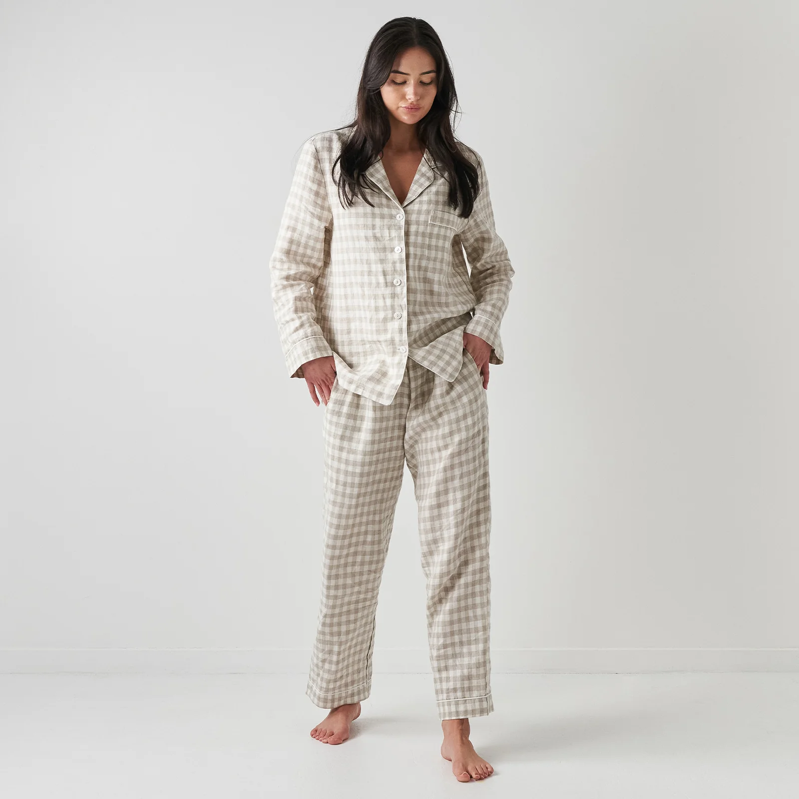 French Flax Linen Pyjama Set in Beige Gingham - Image 2