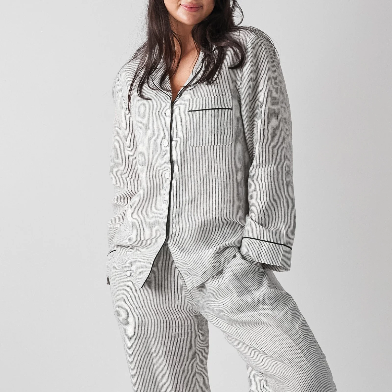 French Flax Linen Pyjama Set in Pinstripe - Image 4