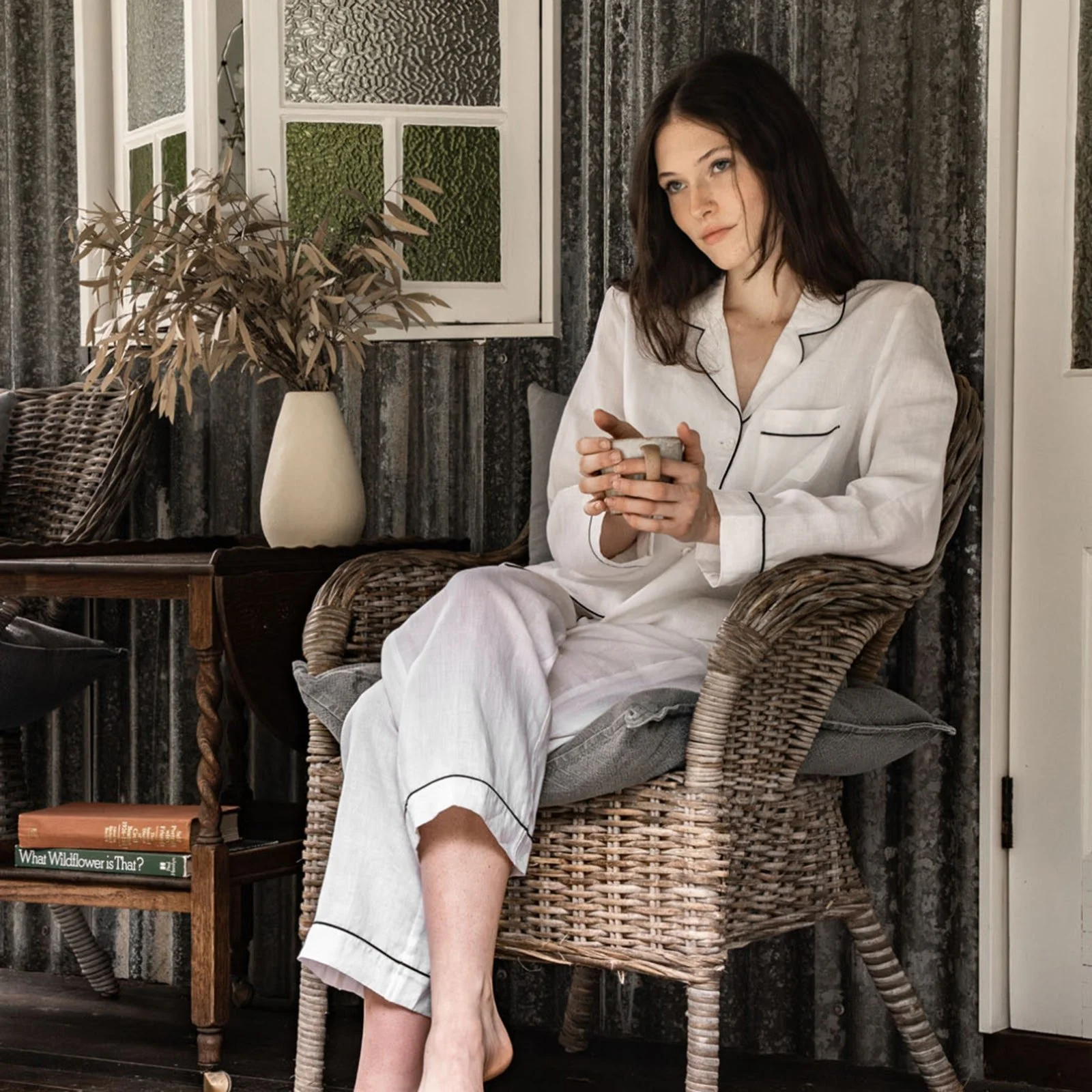 French Flax Linen Pyjama Set in White - Image 9
