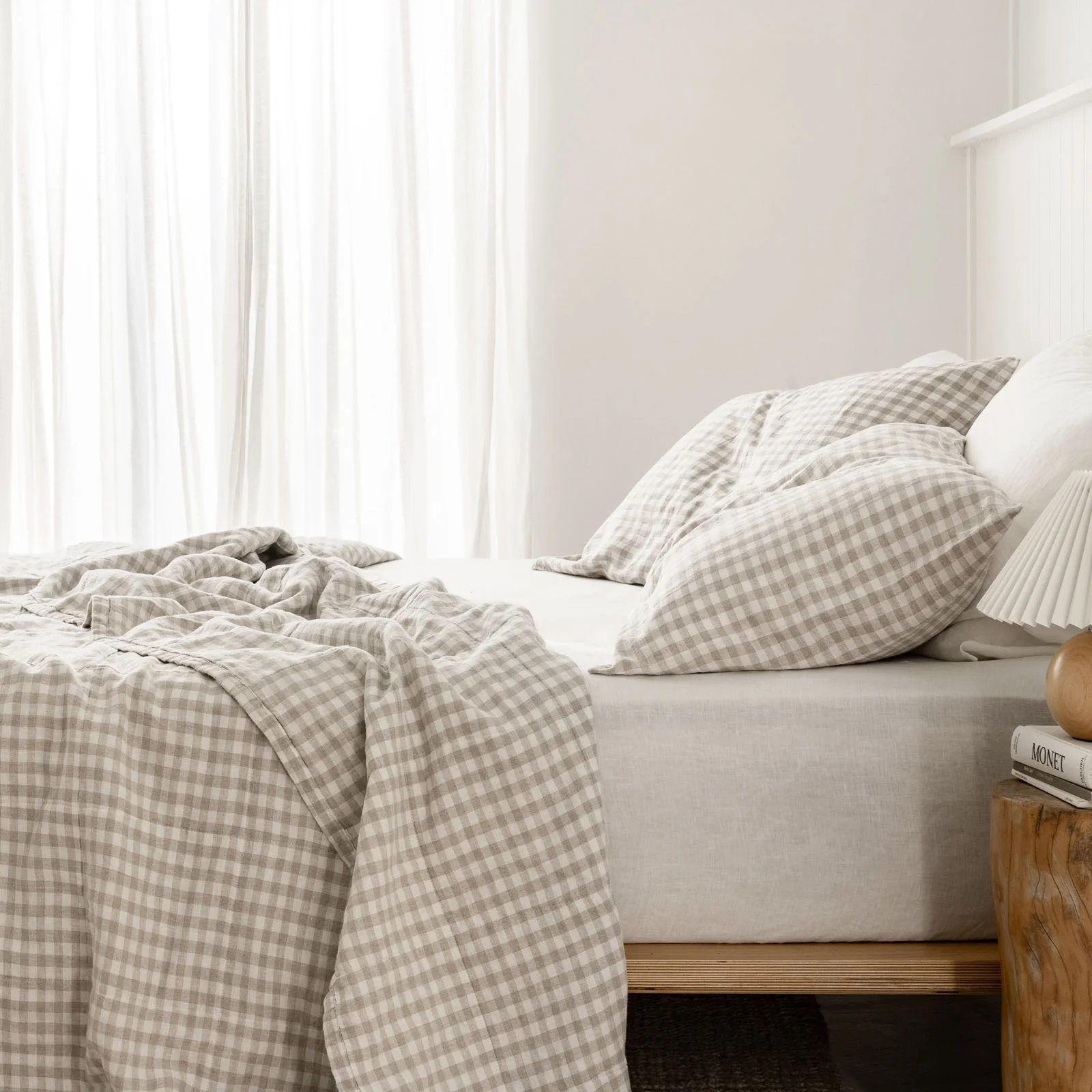 French Flax Linen Queen/King Quilted Coverlet in Beige Gingham - Image 7