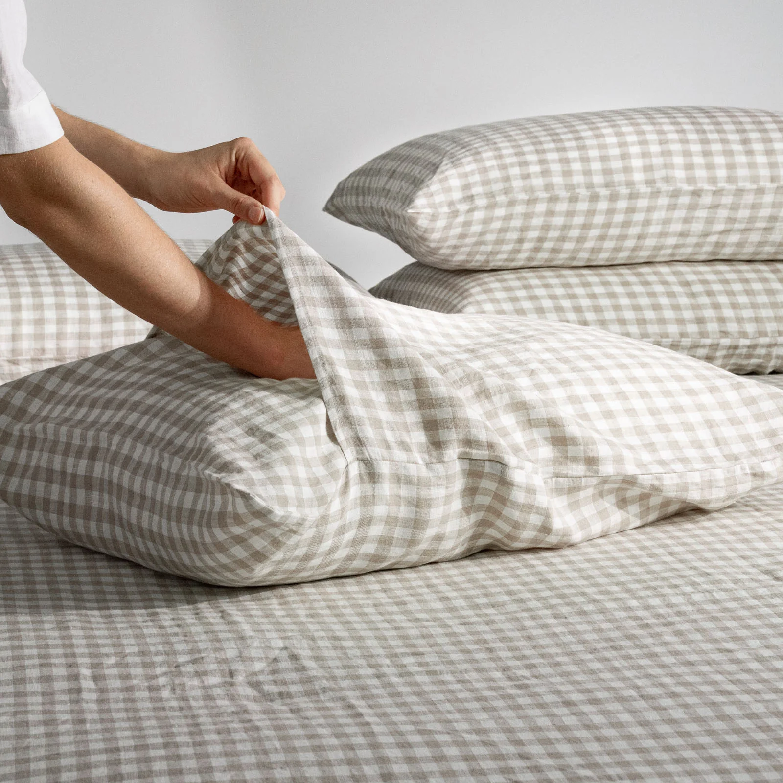 French Flax Linen Quilt Cover Set in Beige Gingham - Image 13