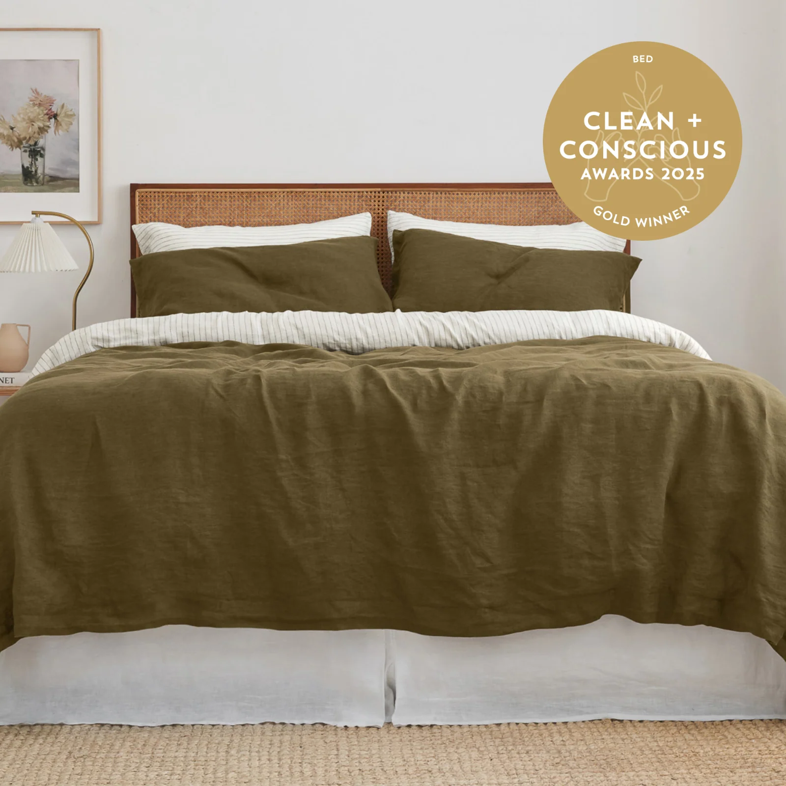 French Flax Linen Quilt Double Sided Cover SET in Olive/Olive Stripe - Image 3