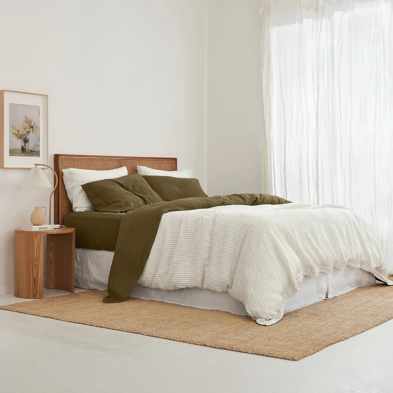 French Flax Linen Quilt Double Sided Cover SET in Olive/Olive Stripe - Image 4