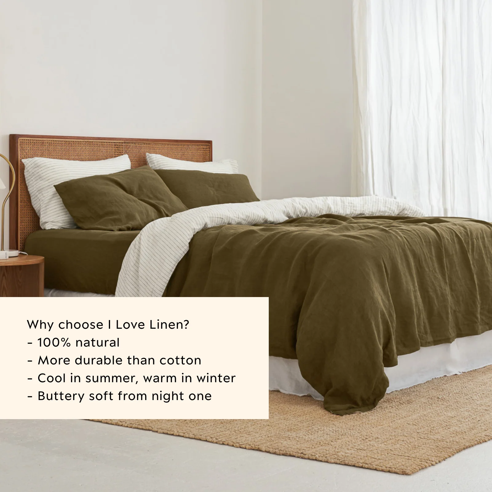 French Flax Linen Quilt Double Sided Cover SET in Olive/Olive Stripe - Image 5