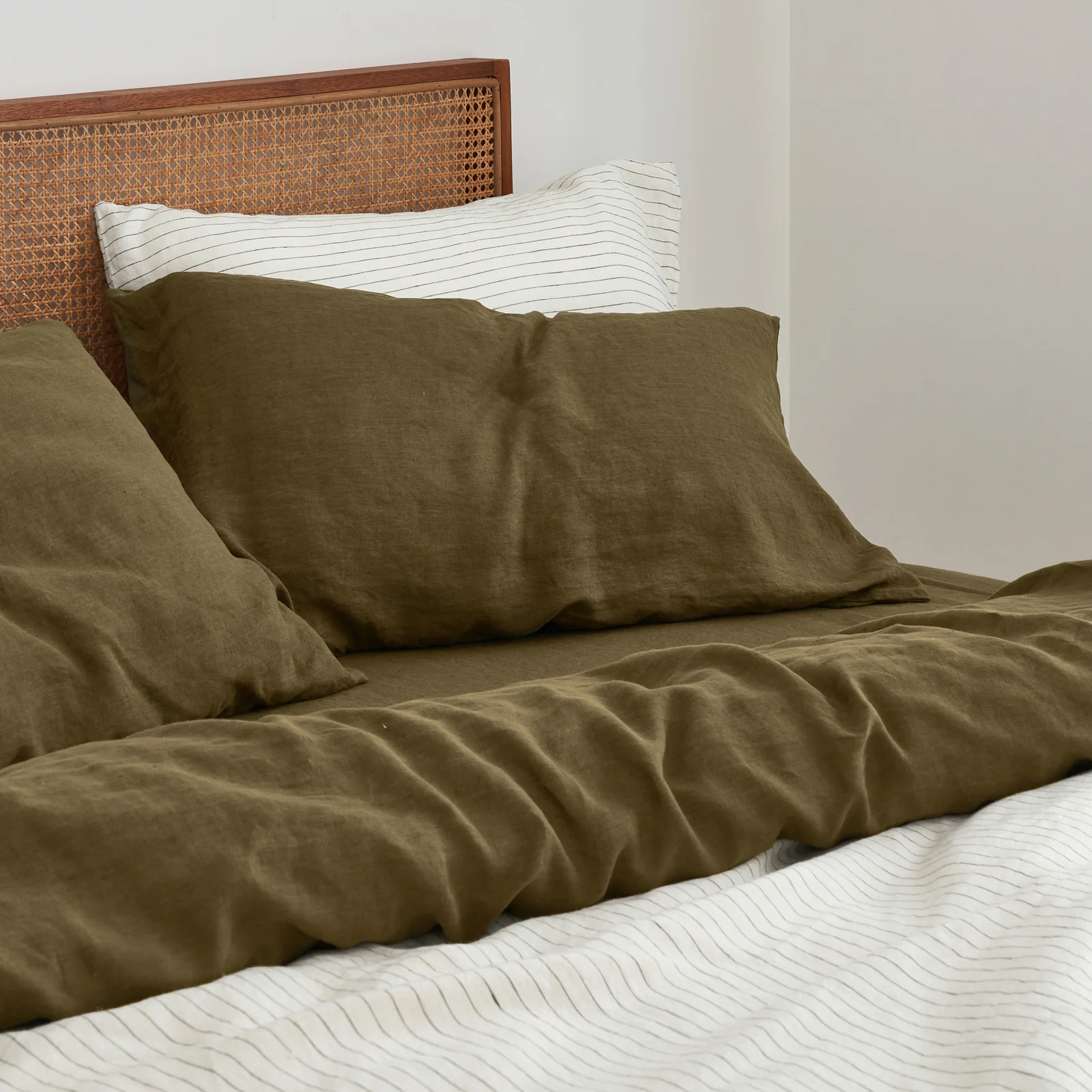 French Flax Linen Quilt Double Sided Cover SET in Olive/Olive Stripe - Image 9