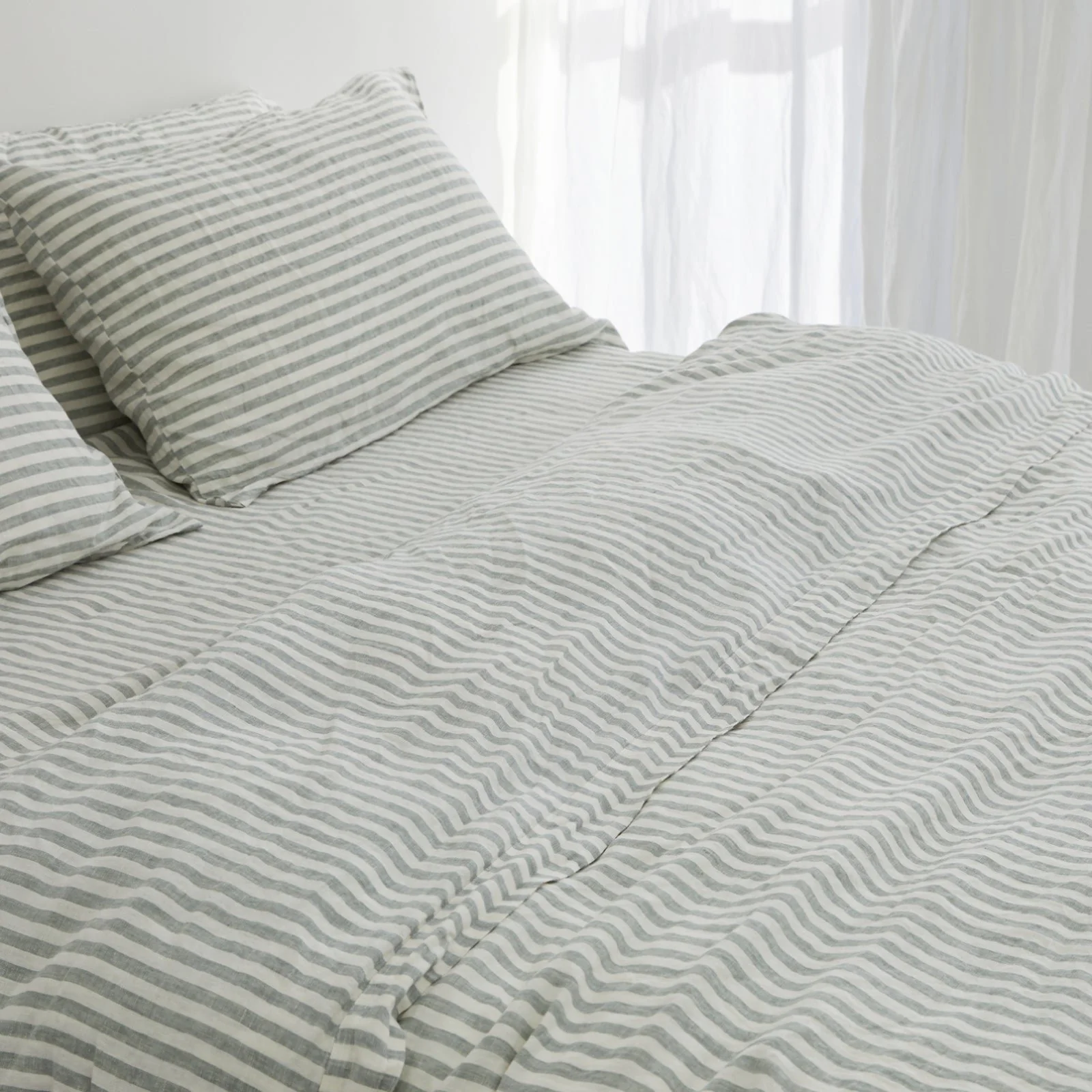 French Flax Linen Quilt Cover Set in Sage Stripe - Image 5