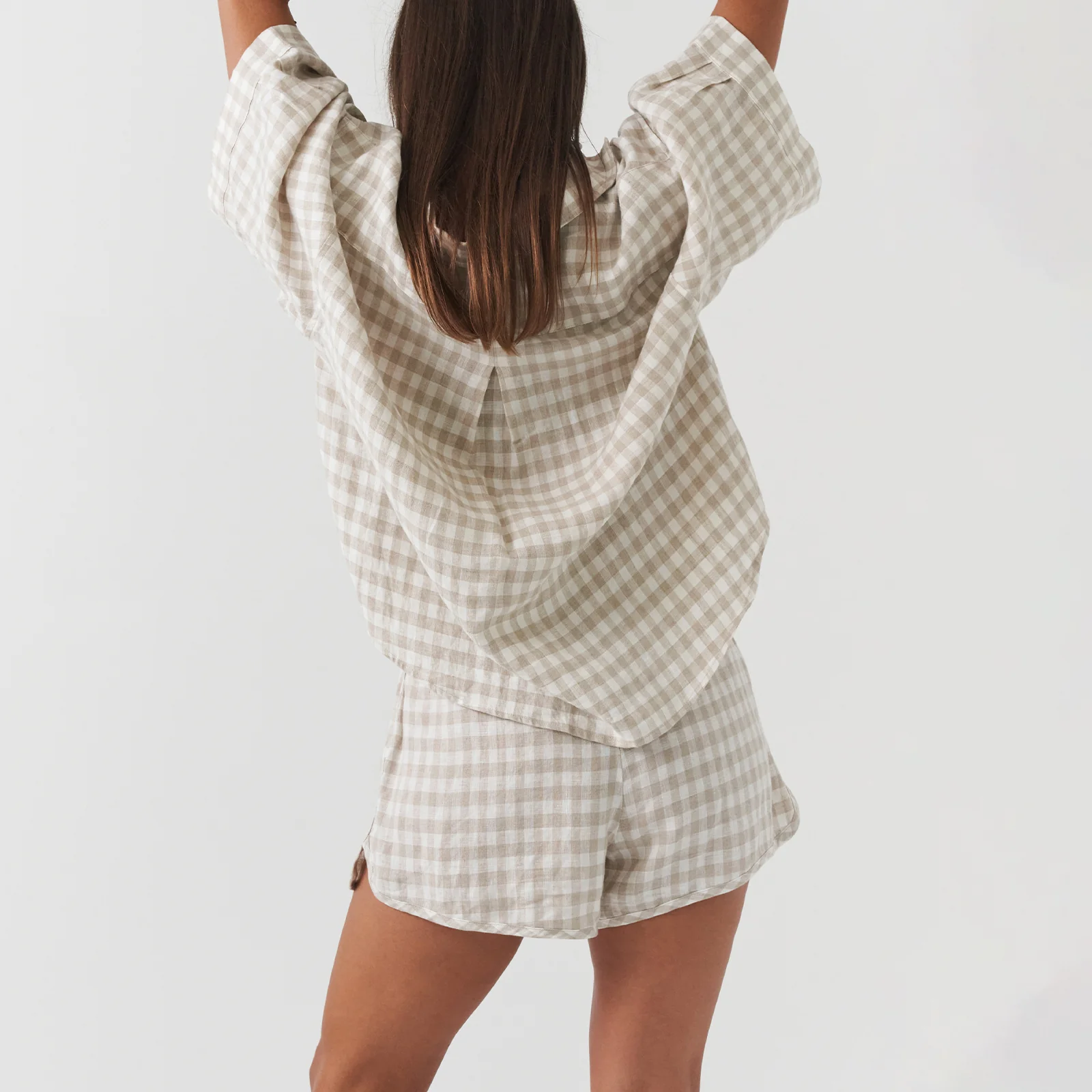 French Flax Linen Relaxed Short in Beige Gingham - Image 2
