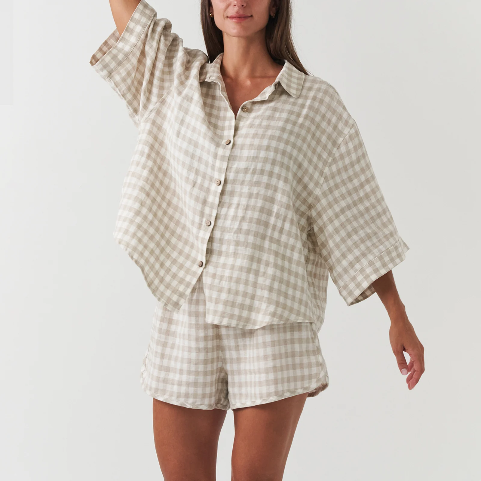 French Flax Linen Relaxed Short in Beige Gingham - Image 5