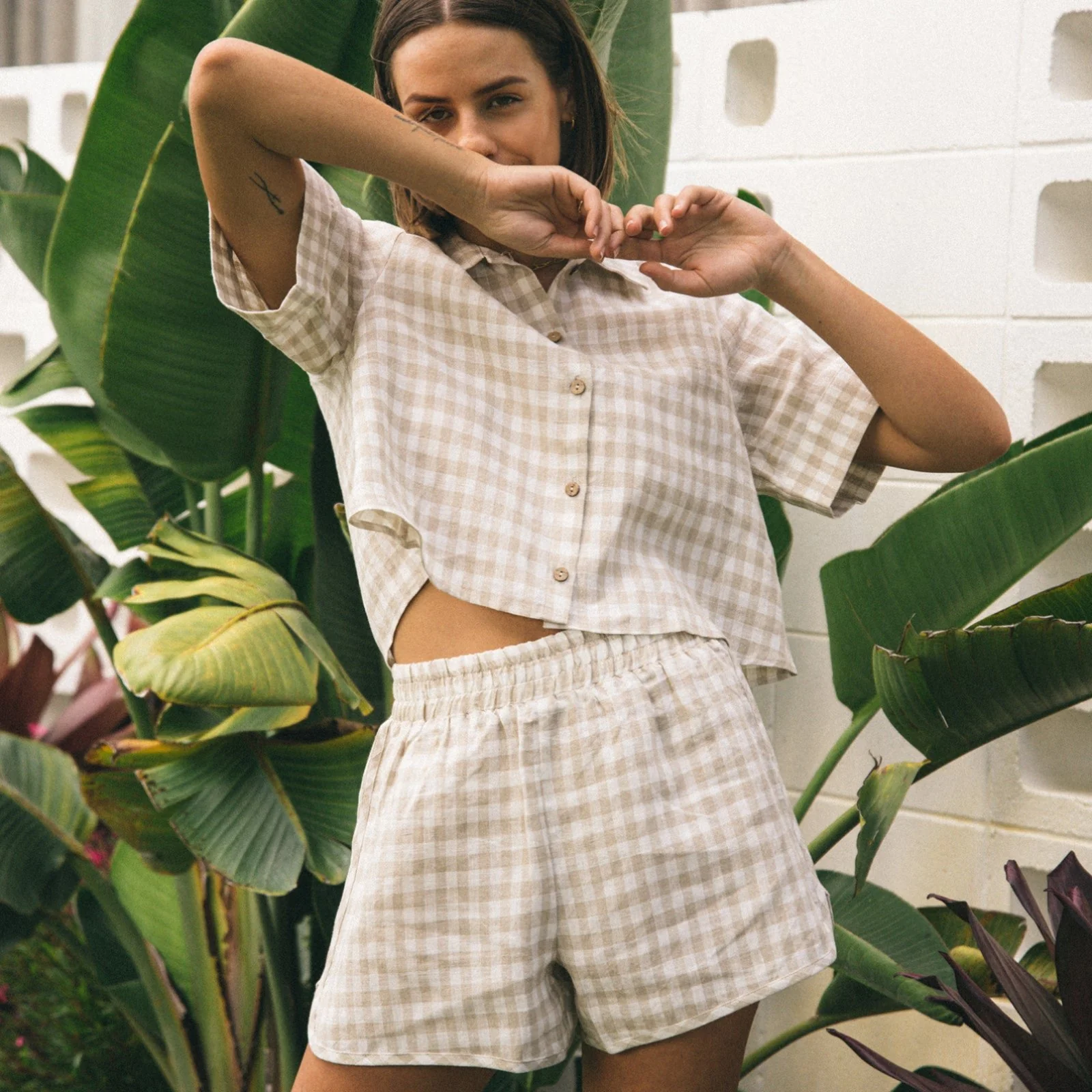 French Flax Linen Relaxed Short in Beige Gingham - Image 8