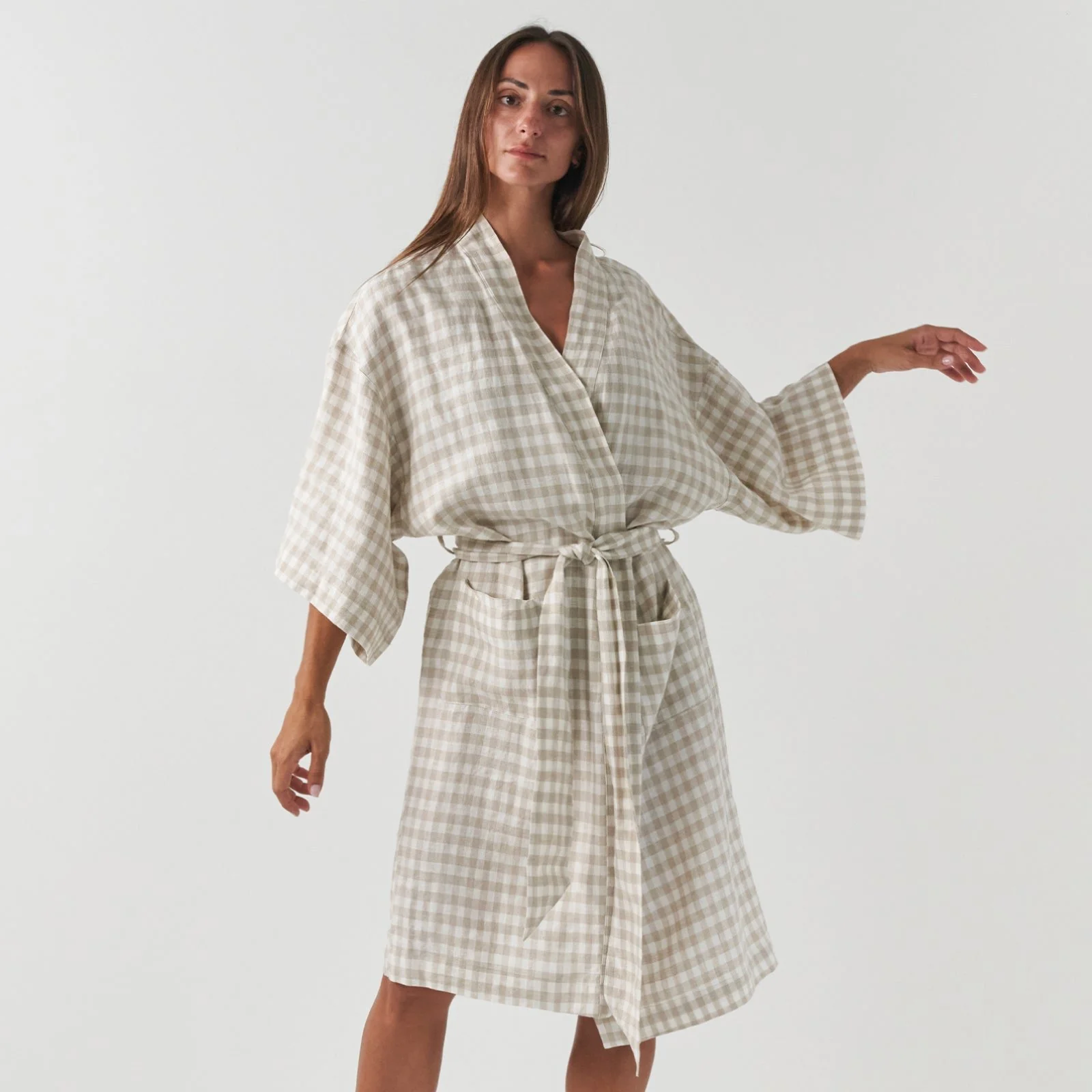French Flax Linen Robe in Beige Gingham - Image 3