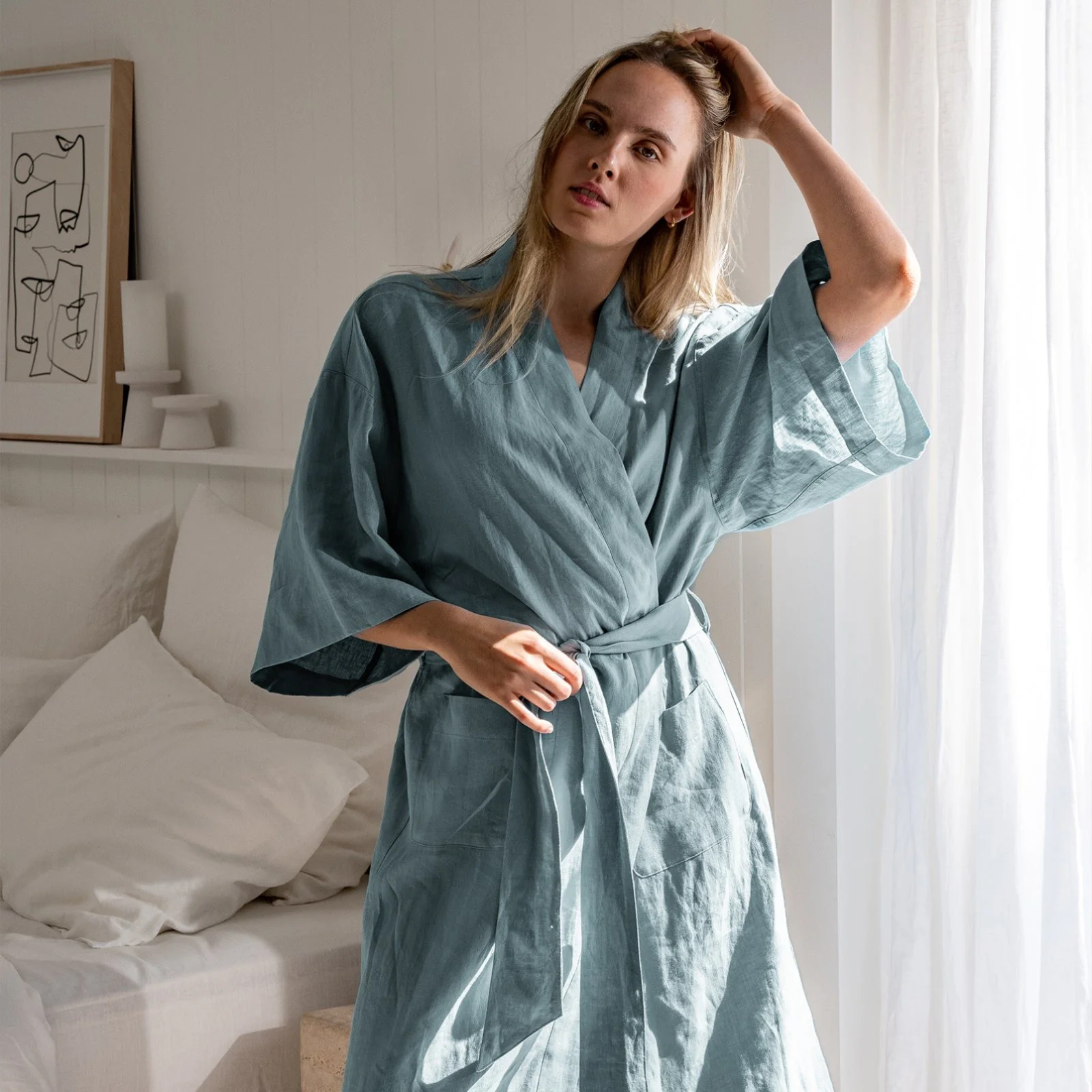 French Flax Linen Robe in Marine Blue - Image 7