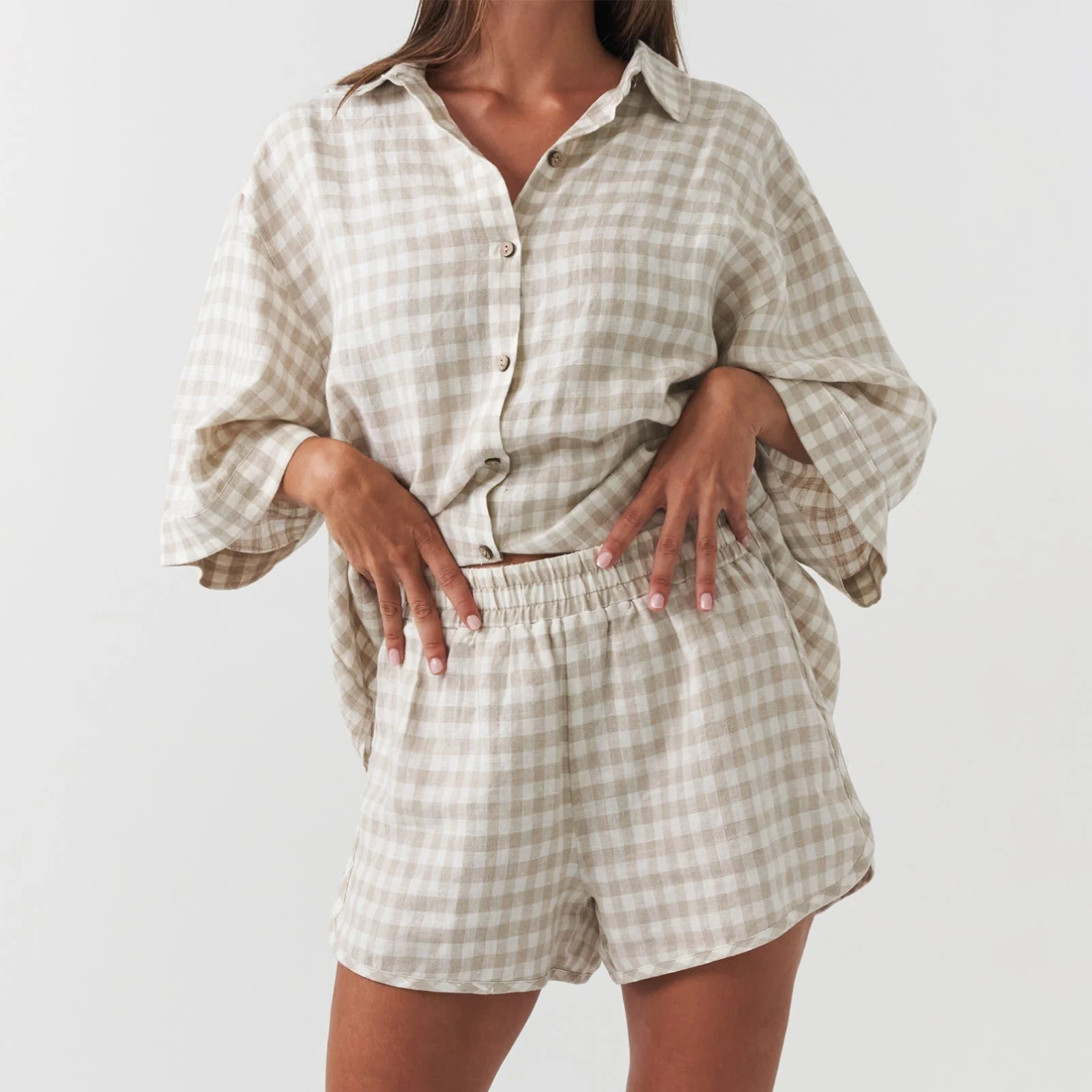French Flax Linen Ruby Set in Beige Gingham - Image 5