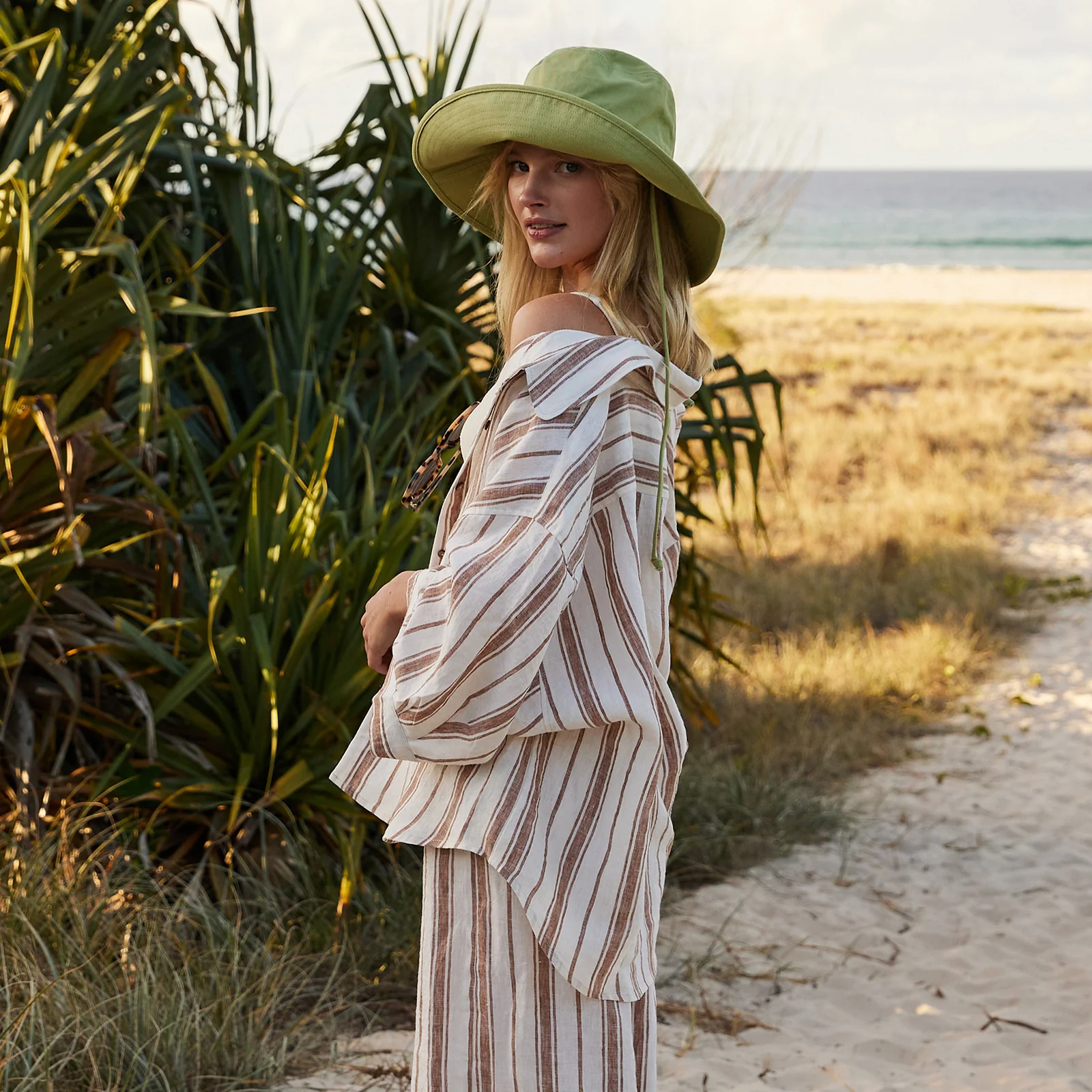 French Flax Linen Ruby Shirt in Hazelnut Stripe - Image 10