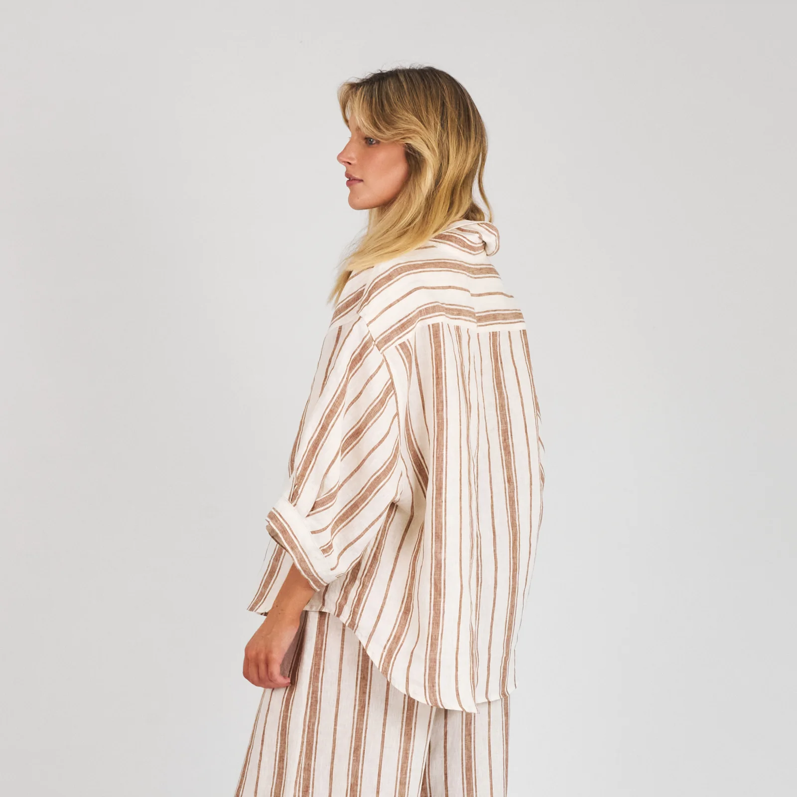 French Flax Linen Ruby Shirt in Hazelnut Stripe - Image 2