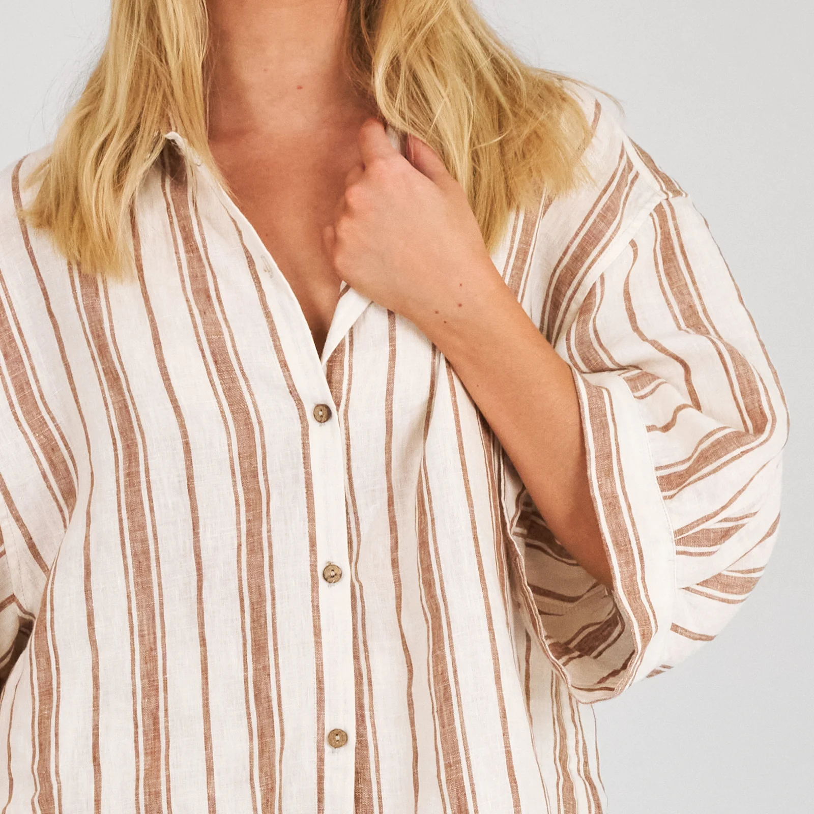 French Flax Linen Ruby Shirt in Hazelnut Stripe - Image 4
