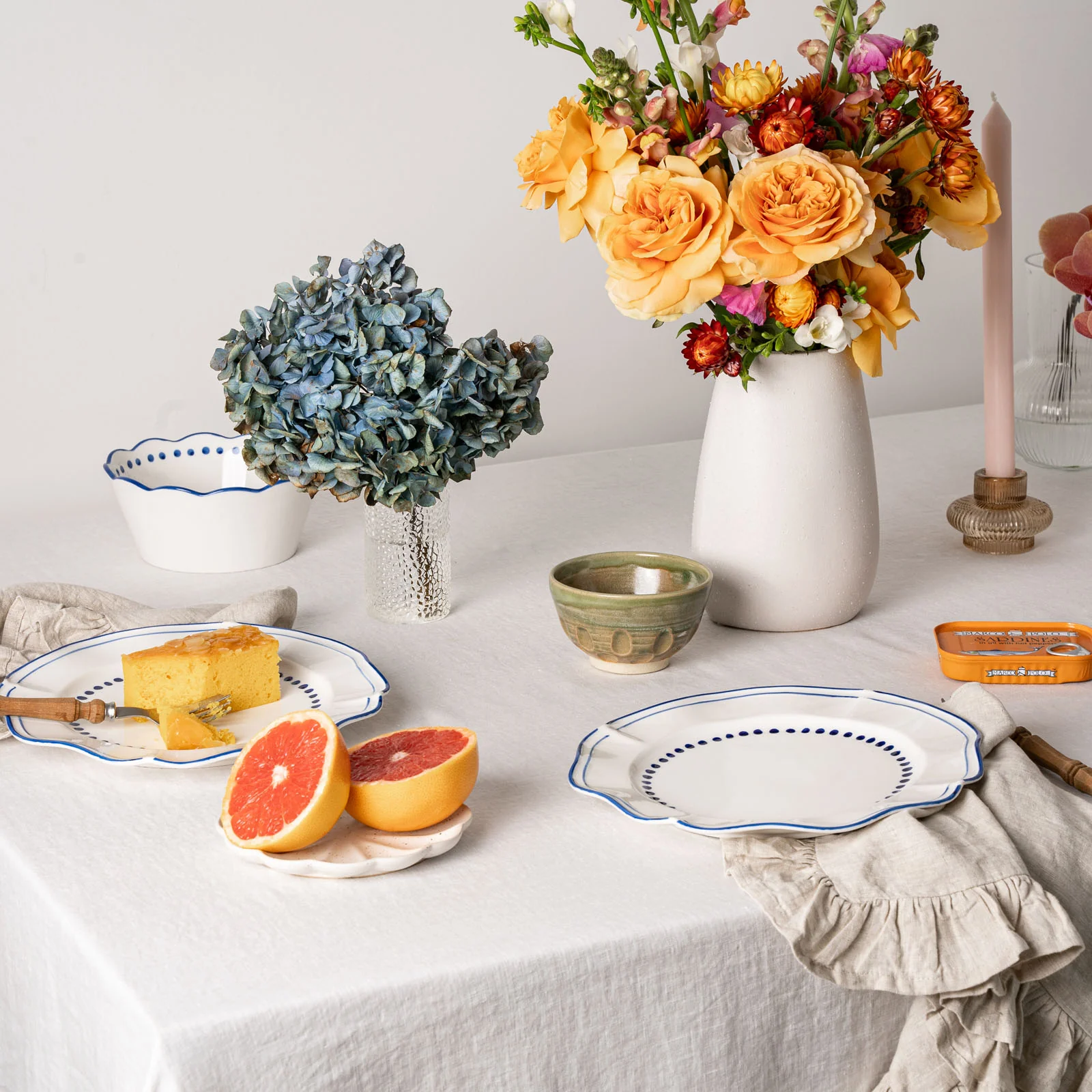 French Flax Linen Ruffles Table Cloth in White - Image 4