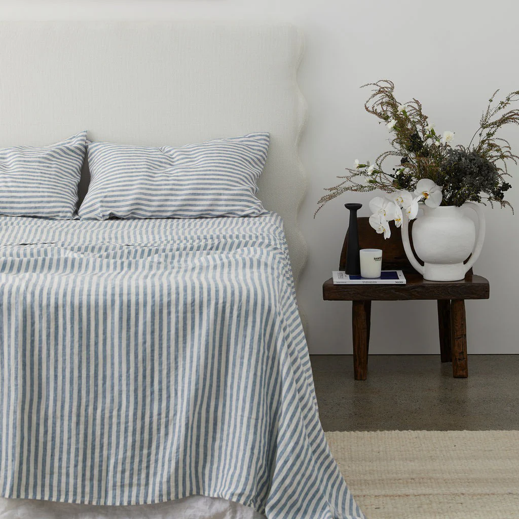 French Flax Linen Sheet Set in Marine Blue Stripe - Image 8