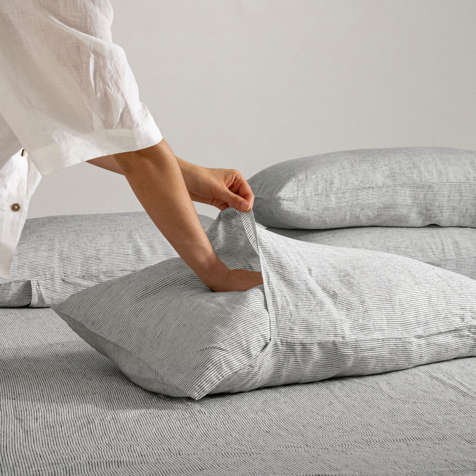 French Flax Linen Sheet Set in Pinstripe - Image 8