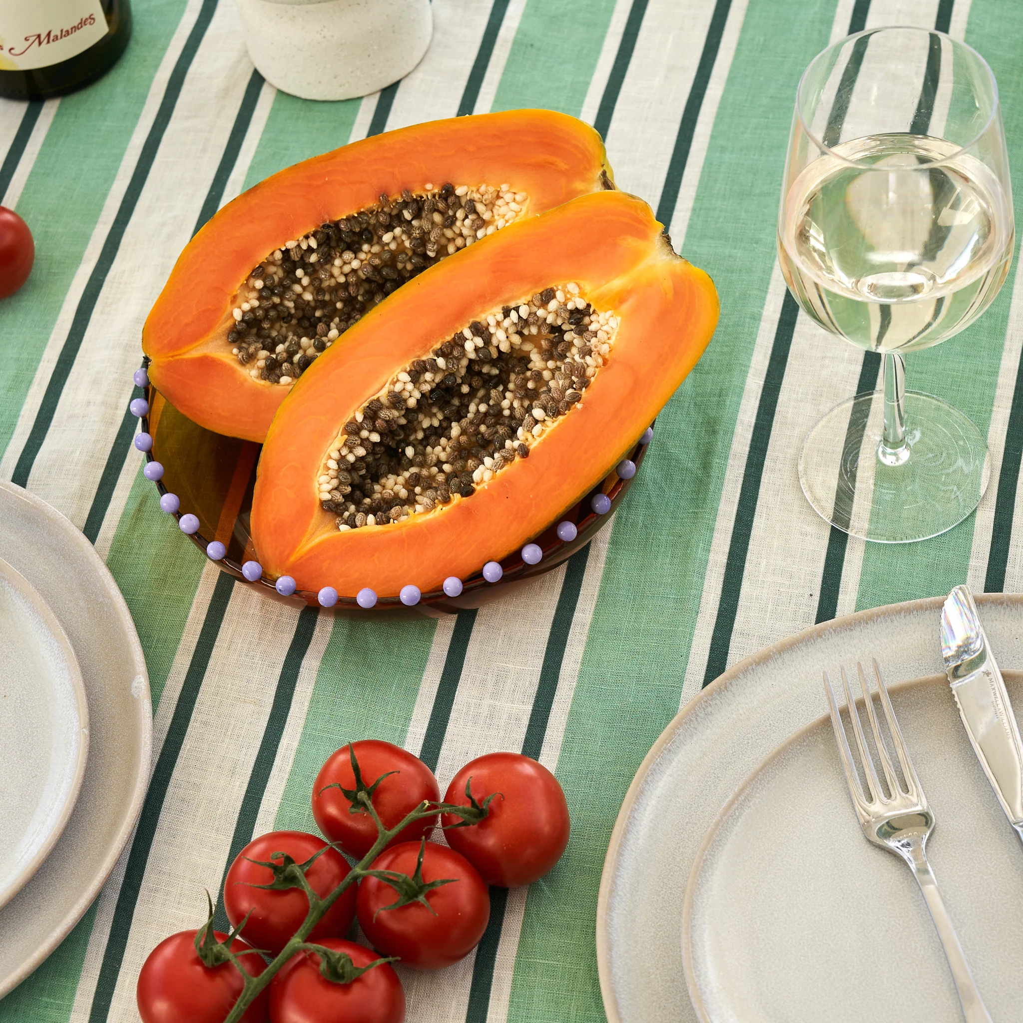 French Flax Linen Table Cloth in Green Stripe - Image 5