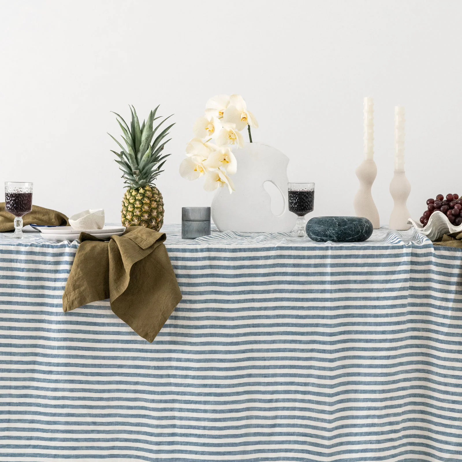 French Flax Linen Table Cloth in Marine Blue Stripe - Image 3