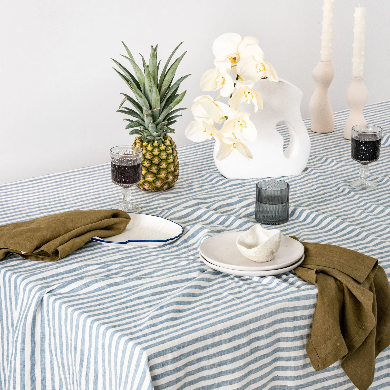 French Flax Linen Table Cloth in Marine Blue Stripe - Image 4